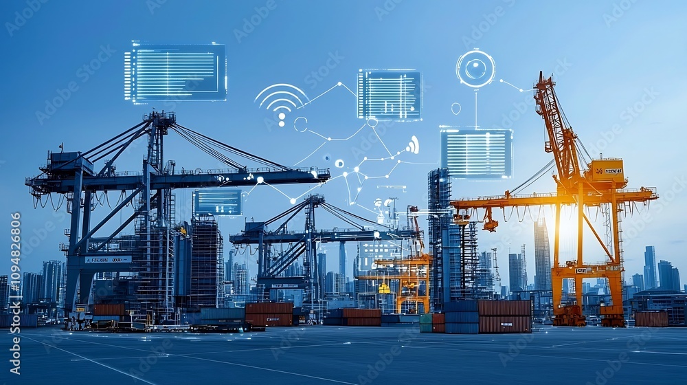 Leinwandbilder Futuristic port scene with shipping containers cranes and global network nodes overlayed with advanced data visualization tools and a purple blue color palette