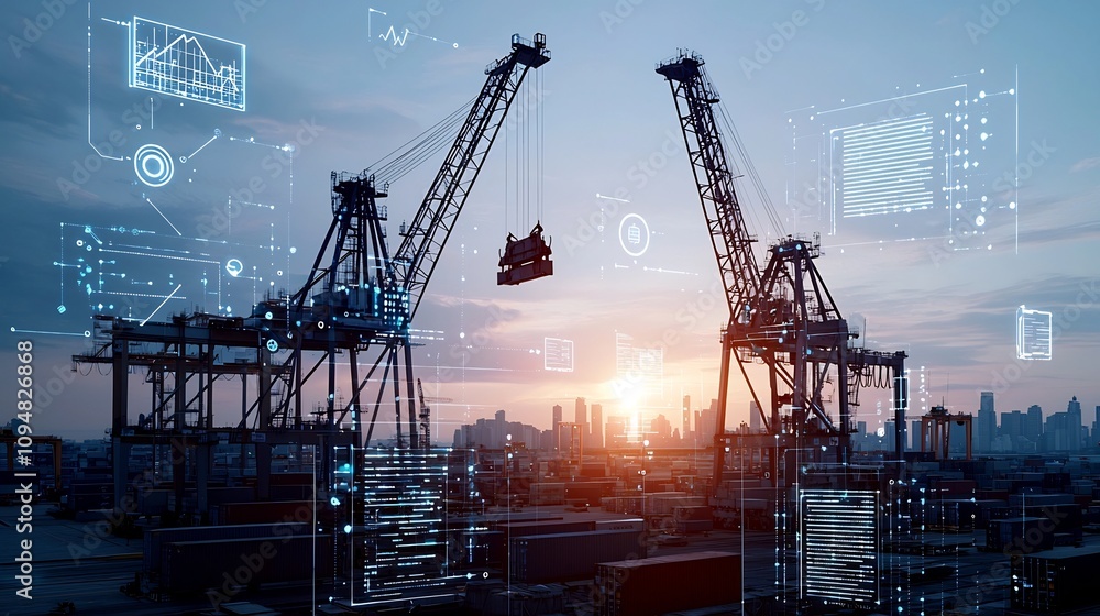 Poster Futuristic port scene with shipping containers cranes and global network nodes overlaid with floating data visualization tools in a purple and blue color tone  Concept of advanced logistics