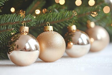 hyper realistic photo of  Close up view of beautiful fir branches with shiny golden bauble or ball, xmas ornaments and lights, Christmas holidays background
