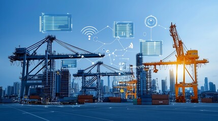 Futuristic port scene with shipping containers cranes and global network nodes overlayed with advanced data visualization tools and a purple blue color palette