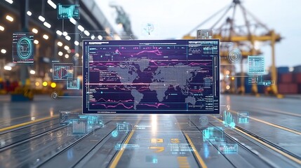 Panoramic view of a futuristic global port featuring a network of 3D data charts digital analysis tools and an industrial purple blue color scheme