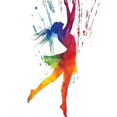 Fototapeta premium Vibrant Watercolor Silhouette of a Woman Dancing, Leaping with Joy and Freedom.