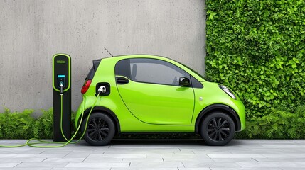 Eco-Friendly Electric Vehicle Charging at Urban Setting with Green Wall Background Showcasing Sustainable Transportation Solutions and Energy Efficiency