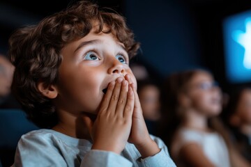 A young boy displaying sheer excitement while watching a movie, capturing the joy and wonder of childhood in a cinema setting filled with other children.