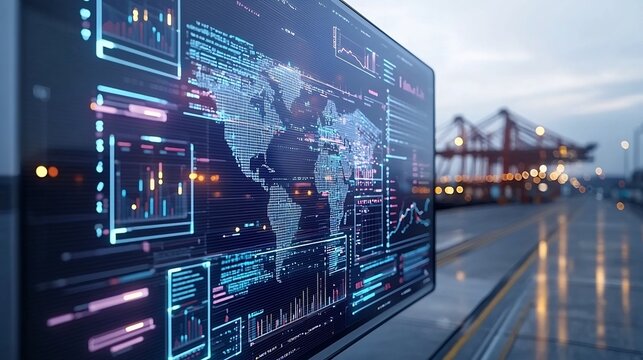 Futuristic global network data analytics tools and digital interfaces overlaying an industrial port cityscape in a purple blue toned industrial landscape  Advanced technology smart infrastructure