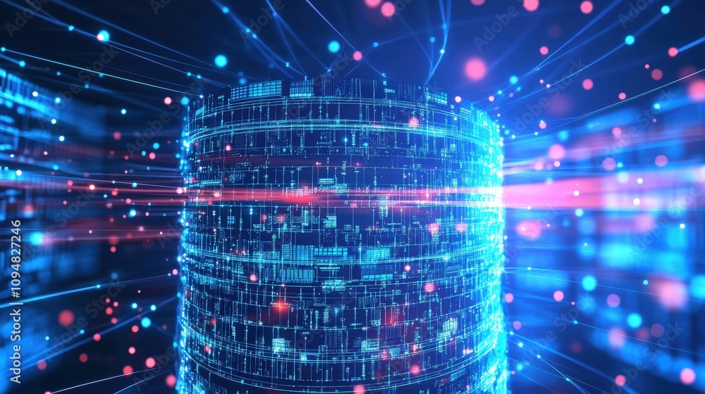 Poster abstract digital data server with glowing blue and red lines