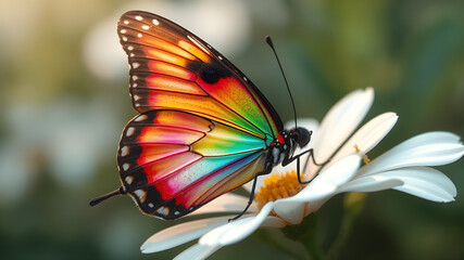Fototapeta premium A beautiful rainbow butterfly sits on a white flower.