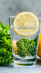 A refreshing glass of water with a lemon slice and a green leafy vegetable garnish, showcasing a healthy and vibrant drink, perfect for wellness, hydration, and clean living, evoking feelings of fresh