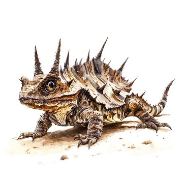A Watercolor Painting of a Thorny Devil Lizard on a Sandy Surface.