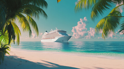 Cruise ship anchored near a serene beach under a clear blue sky with palm trees