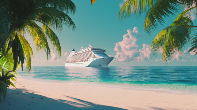 Cruise ship anchored near a serene beach under a clear blue sky with palm trees