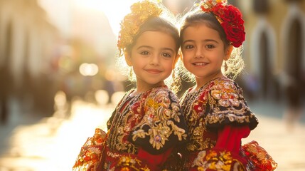 Dynamic Duo: Spanish Twin Siblings in Flamenco-Inspired Attire Dancing in a Sunlit Plaza with Joyful Expressions and Vibrant Colors