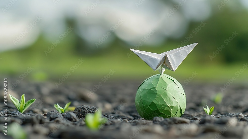 Poster close up of a paper plane orbiting a green earth symbolizing the concept of alternative energy and e