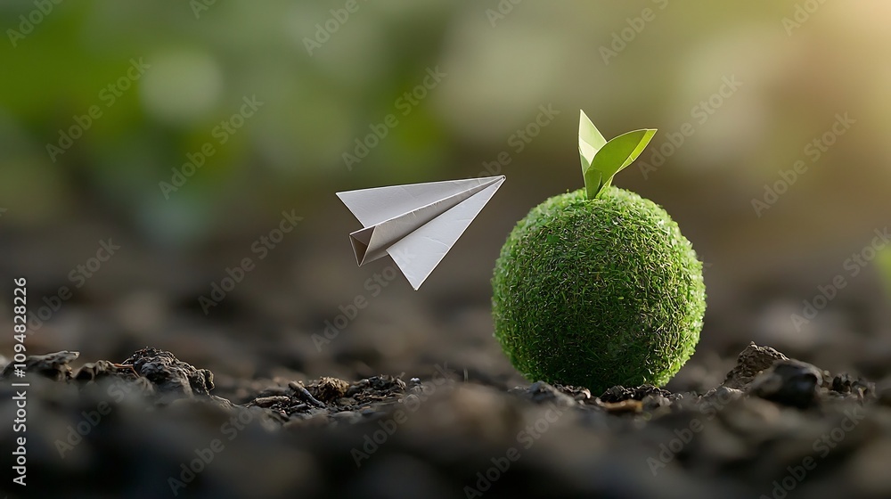 Aufkleber closeup view of an origami paper airplane orbiting a green earth representing the concept of environ