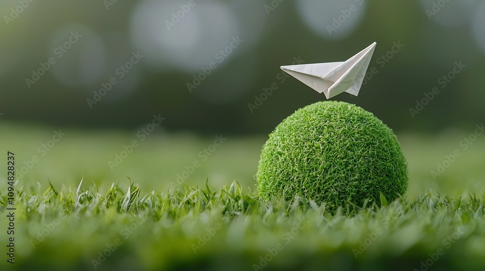Aufkleber close up view of a paper plane gracefully orbiting a green earth representing the concept of alterna