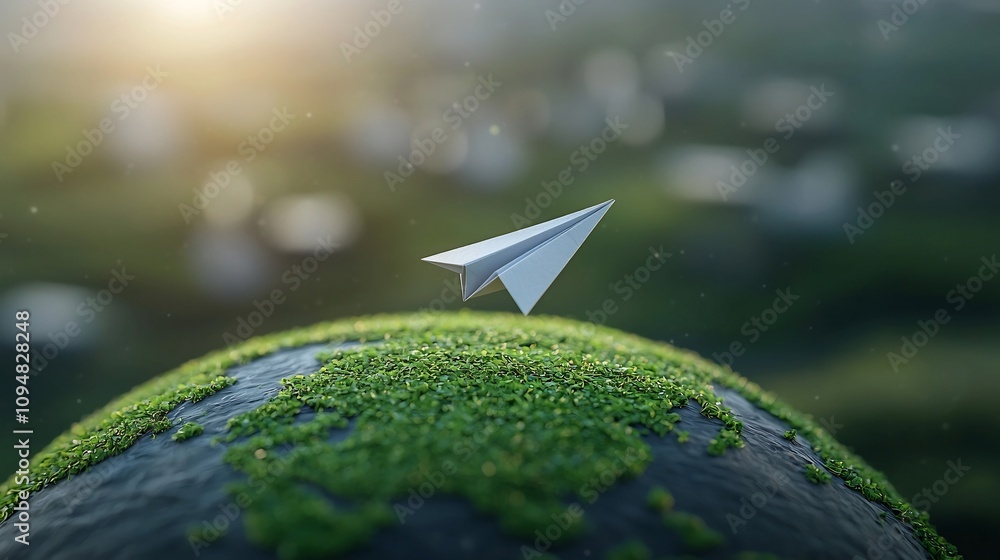 Aufkleber Conceptual of a paper plane orbiting a green earth symbolizing the idea of alternative energy sources and environmental sustainability for a cleaner more eco friendly future