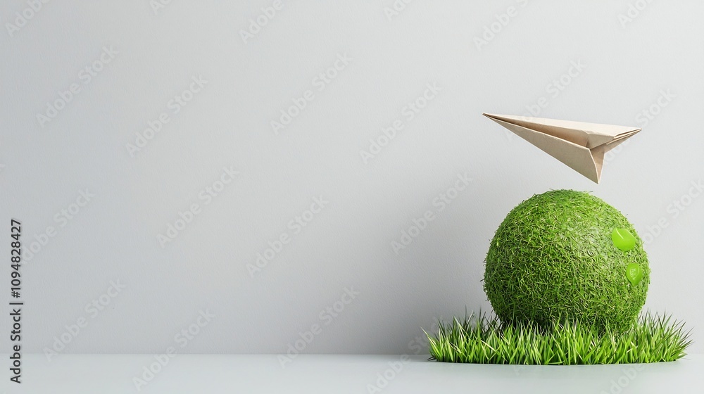 Poster paper plane orbiting a green globe representing the concepts of clean energy environmental sustainab