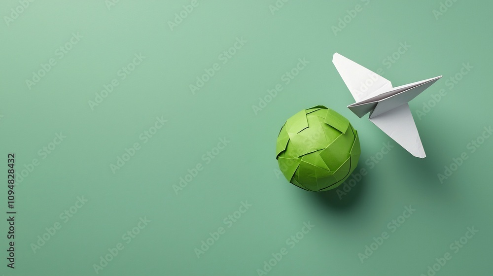 Poster paper plane orbiting a green globe symbolizing the concepts of clean energy environmental sustainabi