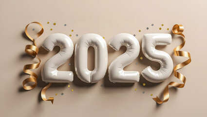 2025 concept with 3d realistic foil balloons. Merry Christmas and Happy New Year 2025 greeting card., banner, background