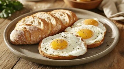 A delicious serving of pan-fried eggs with a side of sliced baguette, elegantly arranged on a rustic plate, evoking a hearty and satisfying meal.