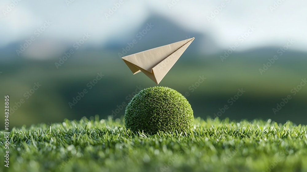 Aufkleber close up of a paper airplane soaring gracefully around a vibrant green earth symbolizing the concept