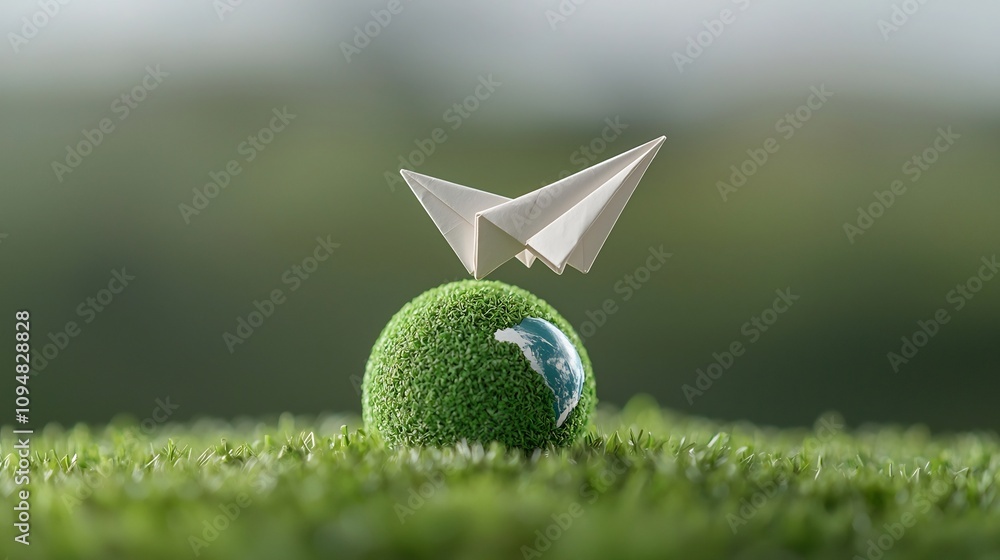 Poster Close up view of a paper airplane soaring gracefully around a vibrant green earth symbolizing the concepts of sustainable development and clean energy innovation for a brighter future