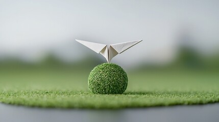 A paper airplane elegantly soaring around a green globe representing the concept of sustainable development clean energy and environmental conservation for a brighter future
