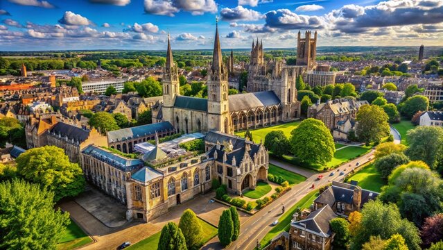 Aerial View of the Magnificent Cathedral Church of St Peter, St Paul and St Andrew in Peterborough, Cambridgeshire, Showcasing Stunning Gothic Architecture and Surroundings