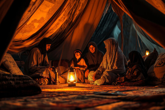 Bedouin family sitting inside a traditional tent, intricate rugs and cushions surrounding them, with warm lighting from oil lamps.