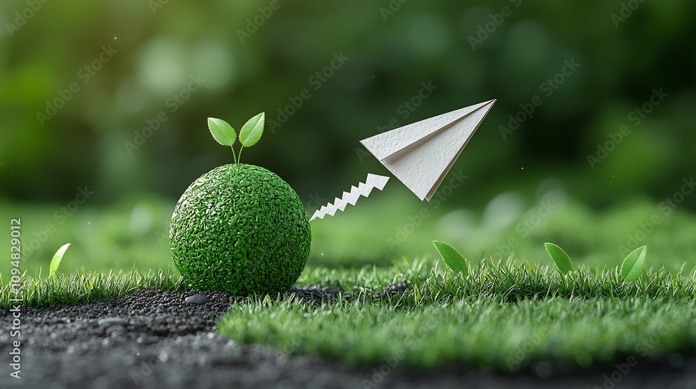 Poster conceptual of a paper plane orbiting a green planet symbolizing eco friendly technology and environm