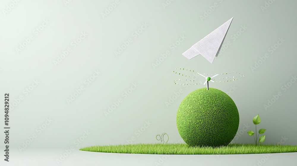 Poster paper airplane soaring above a green globe showcasing alternative energy sources and sustainability 