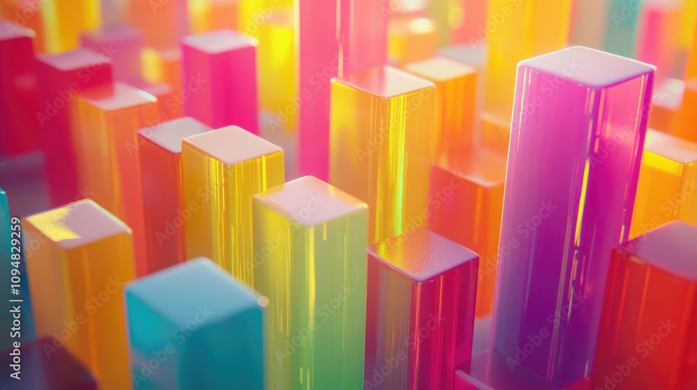 Poster a detailed view of a 3d bar chart with a translucent effect, showing various data categories, paired