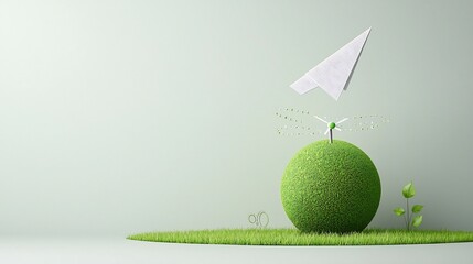 Paper airplane soaring above a green globe showcasing alternative energy sources and sustainability efforts symbolizing innovation progress and a brighter future for the planet