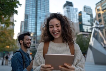 Fototapeta premium In a bustling urban environment, a young woman beams with joy while using her tablet, highlighting the joy of connectivity and the vibrant nature of city life.