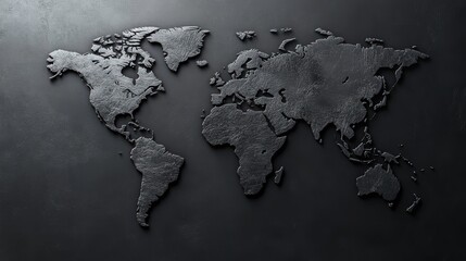 A detailed world map features relief outlines of continents and oceans, set against a dark textured background. The design emphasizes geography and topography.