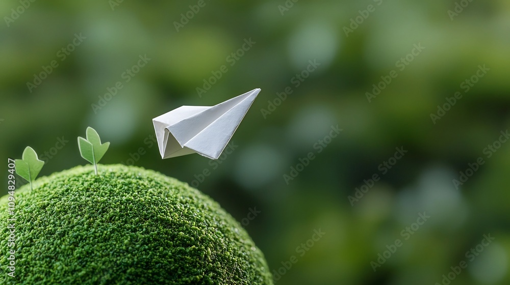 Poster close up view of a white paper plane gracefully orbiting a green earth symbolizing the potential of 