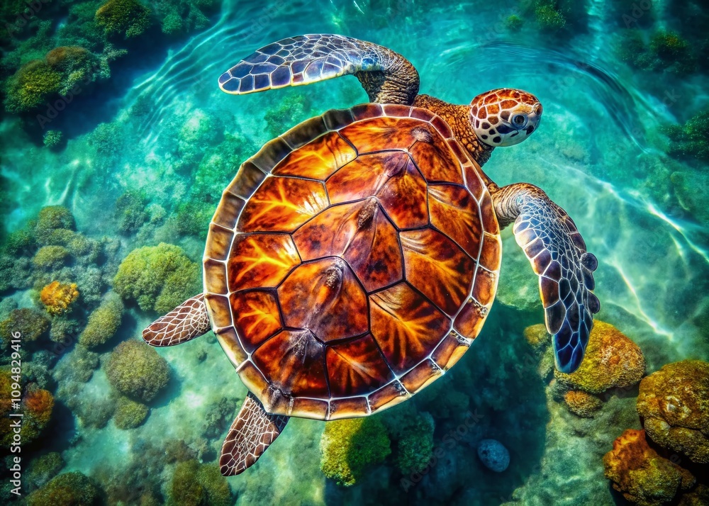 Poster aerial view of turtle anatomy: captivating close-up of turtle shell, flippers, head, and tail showca
