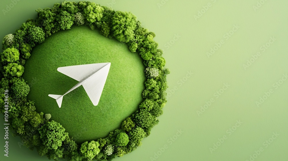 Poster paper plane gracefully flying over a lush green planet representing the concept of alternative energ