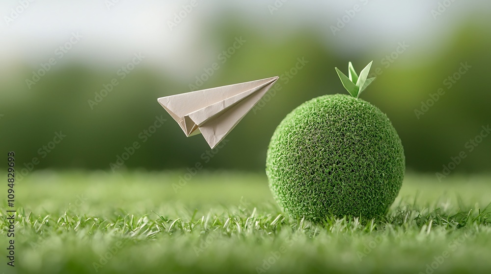 Poster Close up of a paper plane gracefully flying around a green globe emphasizing the concept of clean energy and sustainable transportation solutions for a better future
