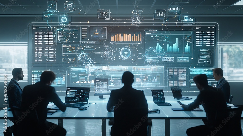 Aufkleber Silhouettes of business professionals analyzing a futuristic digital network with floating interactive data visualization tools and 3D business charts and graphs  Concept for data analytics