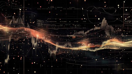 Obraz premium A digital stock graph with annotations, arrows, and trend lines, illustrating market insights and forecasts, set against a dark, tech-inspired background.