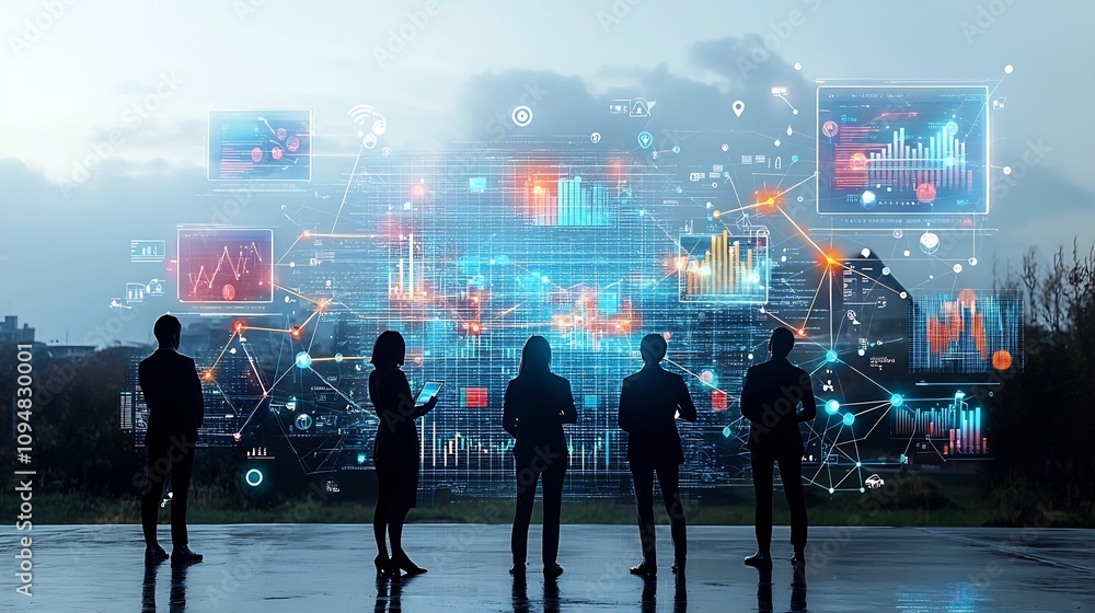 Poster Silhouetted individuals standing in front of a digital network with floating 3D data visualizations and connected business nodes representing the digital transformation technology