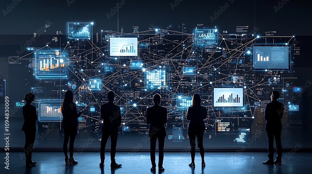 Poster Silhouetted figures standing in front of a sleek futuristic digital network backdrop surrounded by floating 3D data visualizations and interconnected business nodes