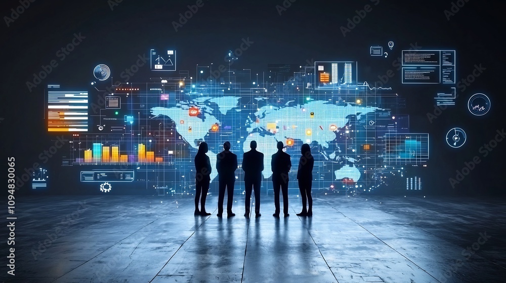 Aufkleber Silhouetted figures standing in front of a global digital network surrounded by floating interactive graphs charts