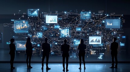 Silhouetted figures standing in front of a sleek futuristic digital network backdrop surrounded by floating 3D data visualizations and interconnected business nodes