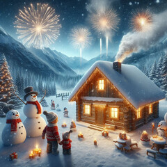 Fototapeta premium snowman and christmas tree