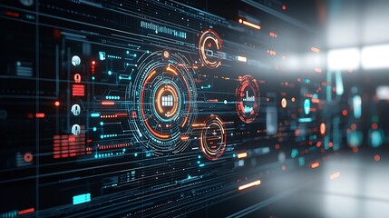 Fototapeta premium Silhouetted figures observing a futuristic interconnected digital network with 3D data graphs business nodes and various digital tools and technologies