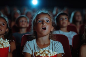 A group of children watch intently in a dark cinema, eyes wide with wonder and excitement, surrounded by a warm atmosphere, embodying the thrill of the big screen experience.