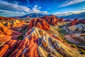 Aerial View of Vibrant Red Rock Formations Under a Clear Blue Sky in Las Vegas, Showcasing the Unique Geological Features and Natural Beauty of the Desert Landscape