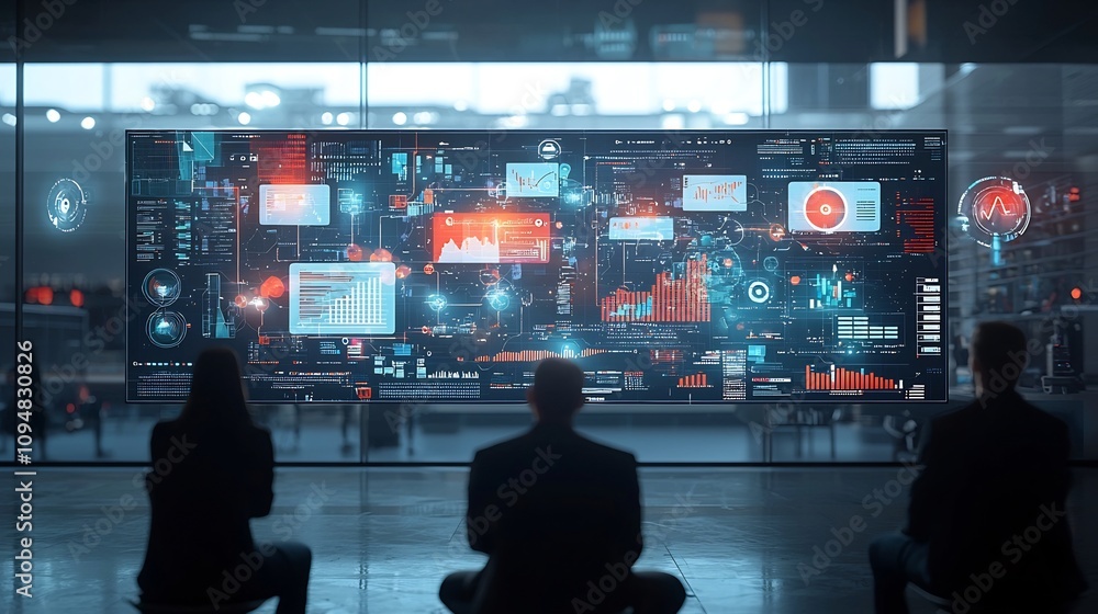 Aufkleber Silhouetted figures intently observing a complex digital business network with floating data visualizations in a minimalist futuristic setting  Conceptual representing technology connectivity
